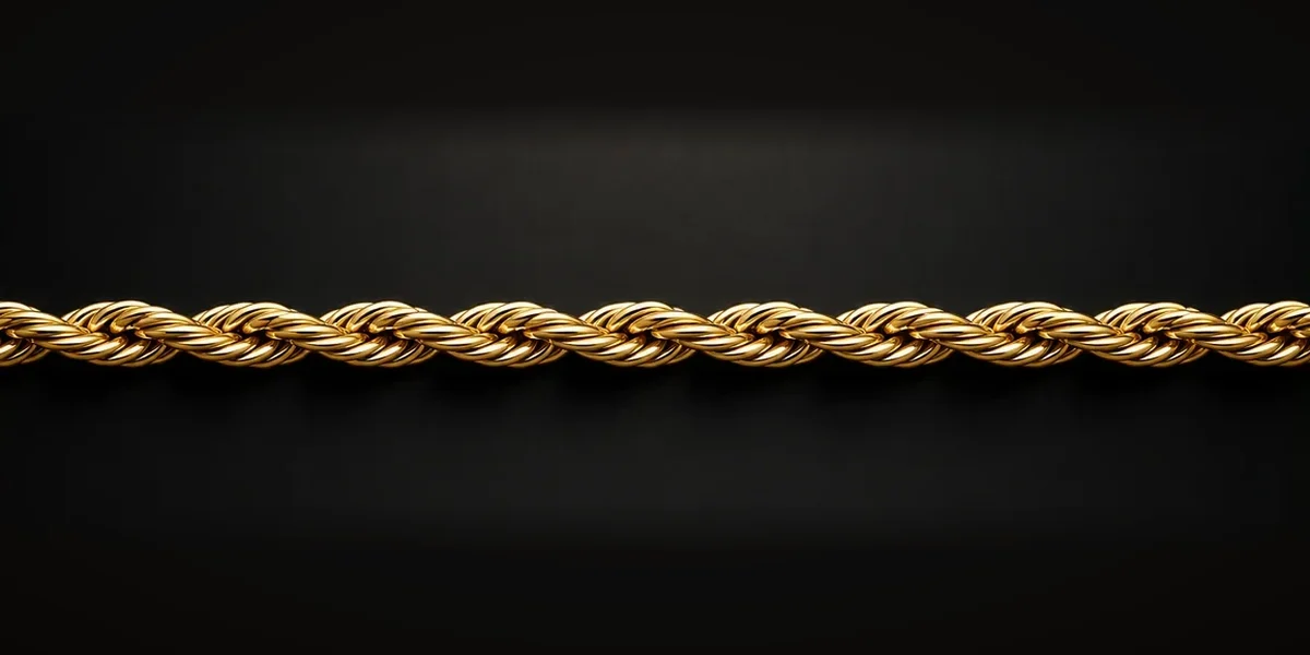 Goldene Kordelkette – Mehrere Gliederstränge sind seilartig miteinander verdreht und reflektieren Licht aus vielen Winkeln.